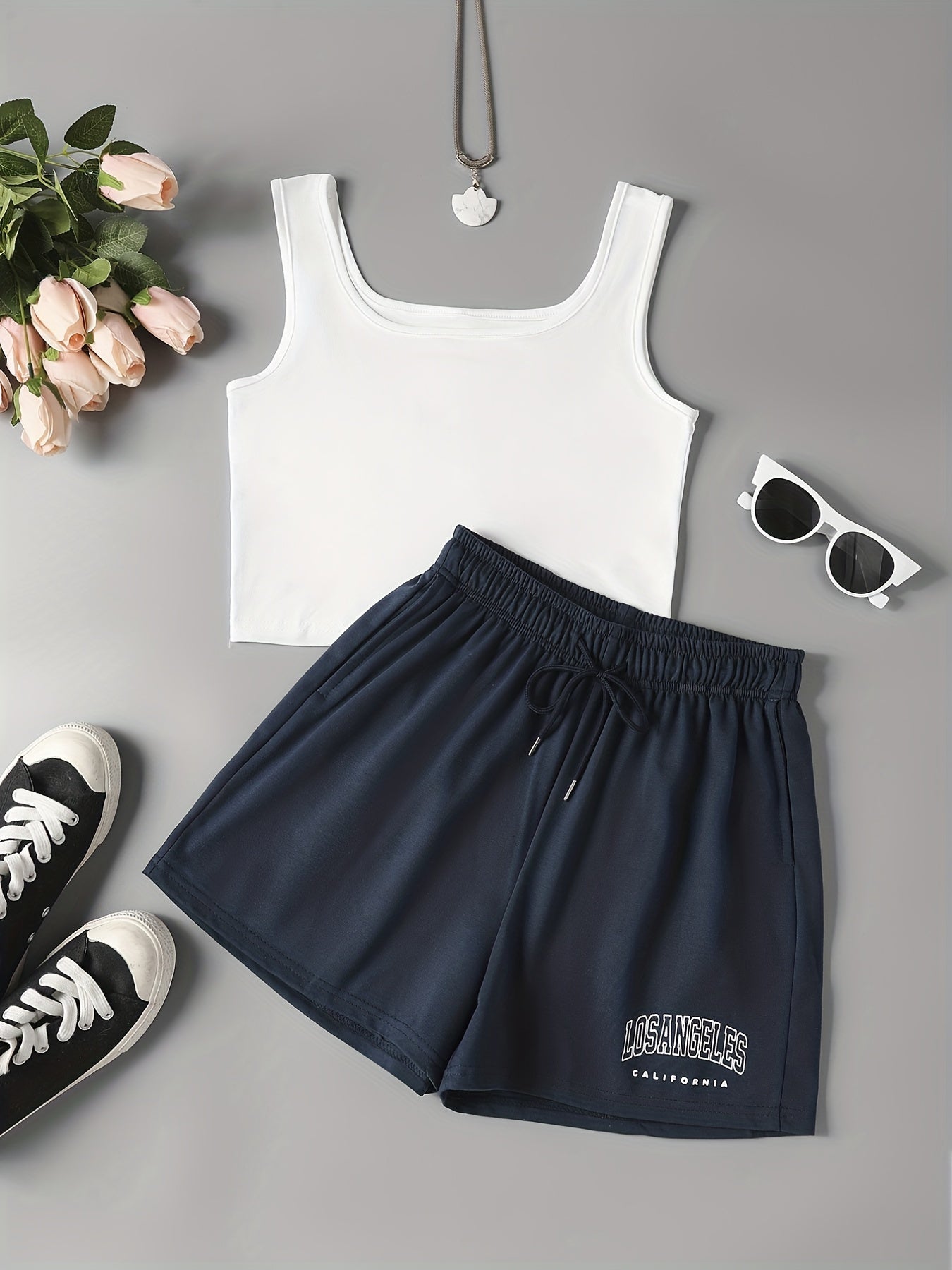 Casual Sporty Two-piece Set, Crop Tank Top & Letter Print Drawstring Shorts Outfits, Women's Clothing