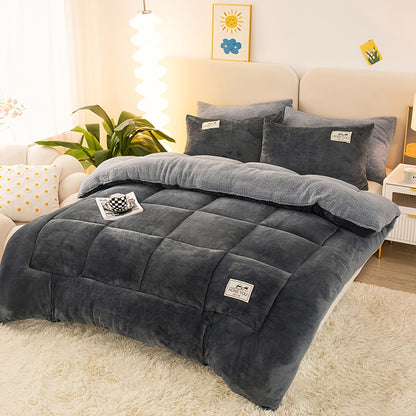 1pc Velvet Sherpa Comforter Insert - All Season Bread Grid Quilted Ultra Soft Breathable Comforter, Machine Washable Bedroom Warm Autumn And Winter Comforter