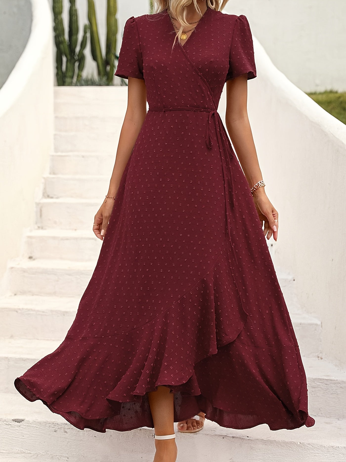 Vibrant Swiss Dot Maxi Dress - Elegant Surplice Neck, Short Sleeves, Split Thigh, Beachy Chic, Perfect for Spring & Summer, Women's Clothing, Comfortable and Flowy, Ideal for Outdoor Activities