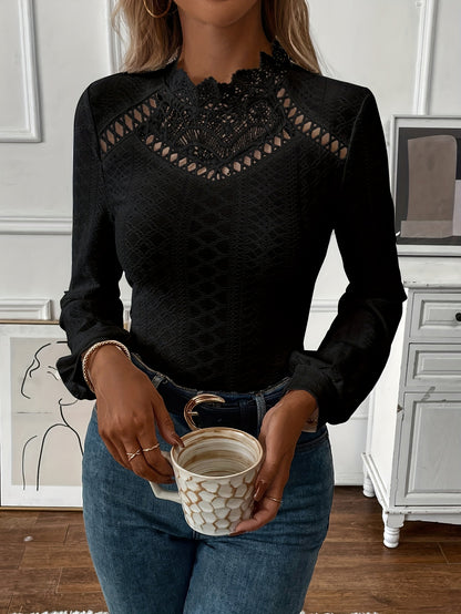 Stunning Eyelet Lace T-Shirt for Women - Elegant Long Sleeve Solid Design, Keyhole Detail, Contrast Lace Trim, Breathable Fabric, Comfortable Fit - Perfect for Casual Daily Wear or Work