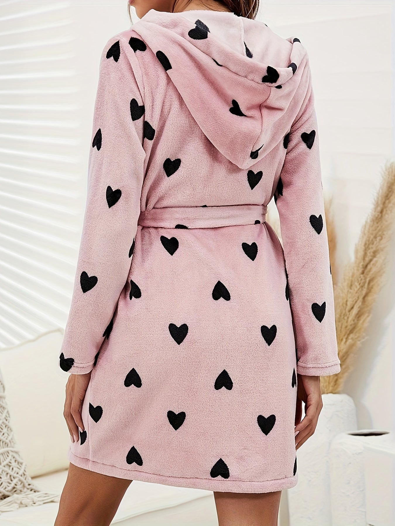 Cozy Heart Pattern Fleece Night Robe - Thickened, Long Sleeve, Hooded, Pockets, Women's Sleepwear & Dresses for Fall and Winter