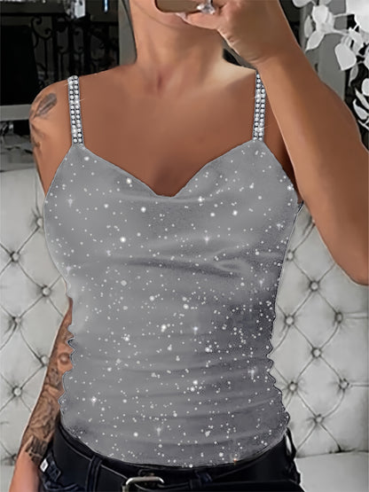 Shimmering Rhinestone V-Neck Cami Top - Chic Sleeveless Womens Fashion for Summer Days - Lightweight & Breathable Casual Wear