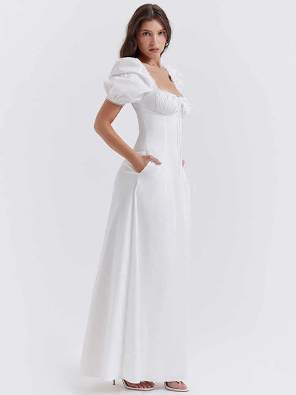 Elegant And Chic Lovely Short Puff Sleeve Maxi Dress Prom Party Gown Outfits Summer Long White Dresses For Woman