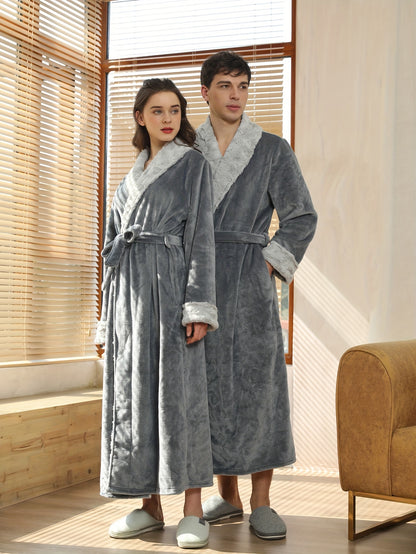 Casual Solid Fleece Lounge Robe, Thickened Long Sleeve Lapel Collar Robe With Belt, Women's Loungewear