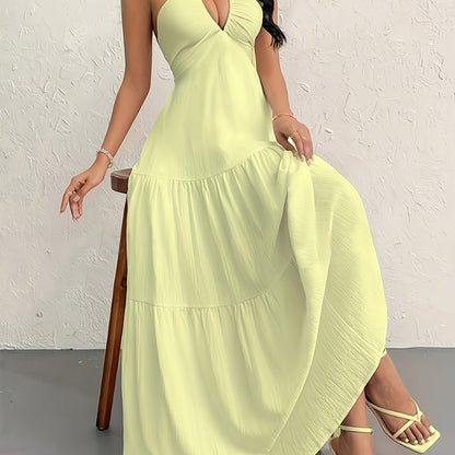 Tiered Layer Deep V Neck Halter Maxi Dress - Flowy, Backless, and Comfortable for Vacation and Spring & Summer - Machine Washable, Customized, and All-Season Wear