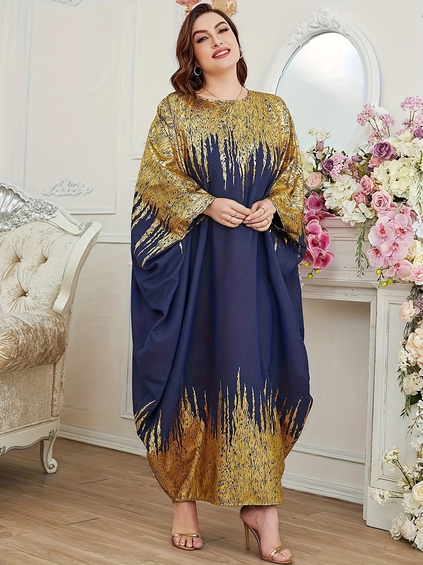 Elegant Batwing Sleeve Kaftan - Color Block Design, Flowy Maxi Dress for Women, Perfect for Ramadan