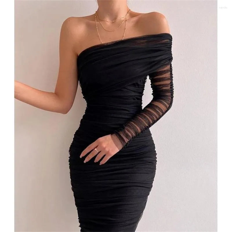 Casual Dresses  Black Women One Shoulder Mesh Long Sexy Diagonal Collar Wrap Slim Bodycon Dress Female Formal Evening Party