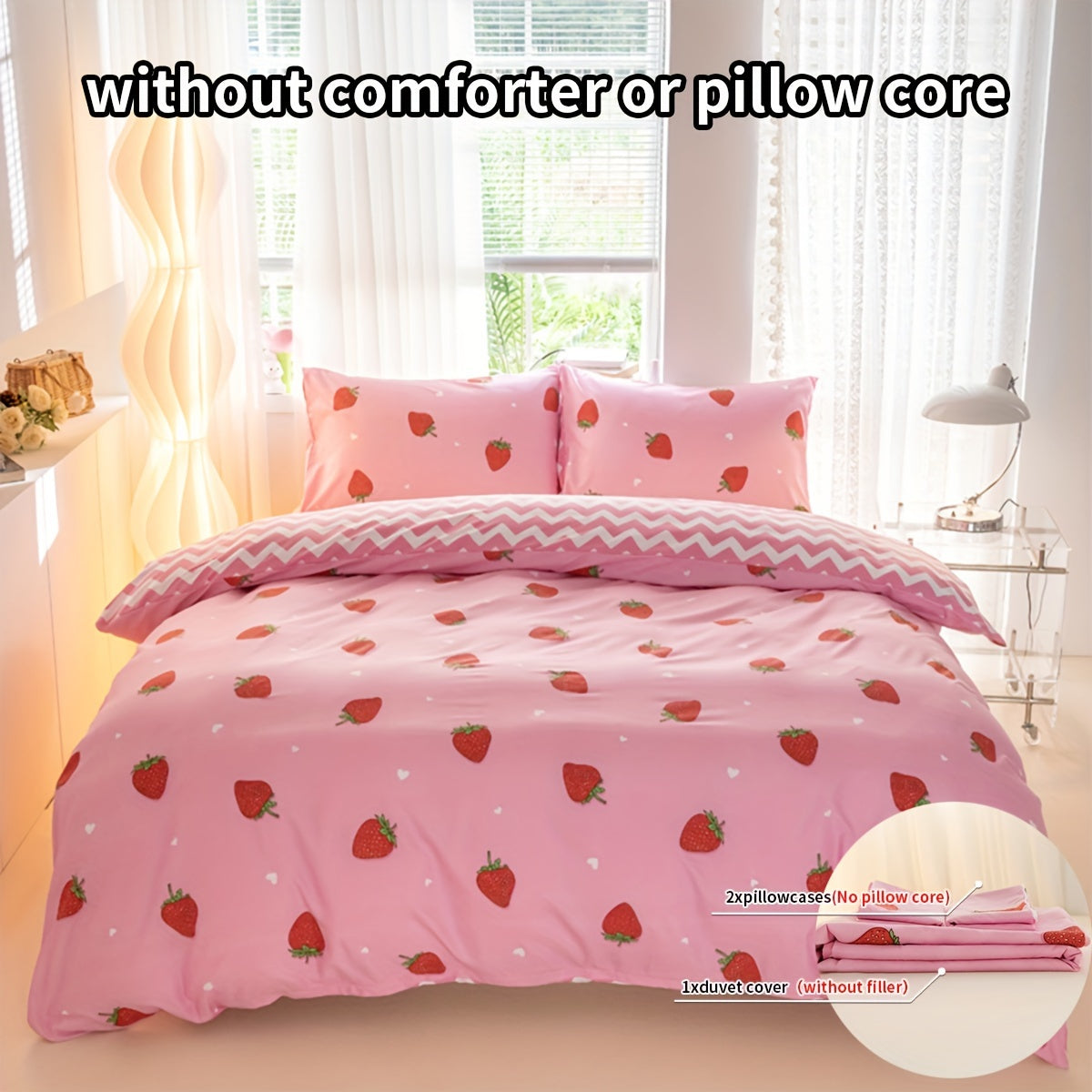 3pcs Strawberry Print Duvet Cover Set - Soft, Breathable Polyester Bedding With Zip Closure For All Seasons - Includes 1 Duvet Cover & 2 Pillowcases (No Insert)