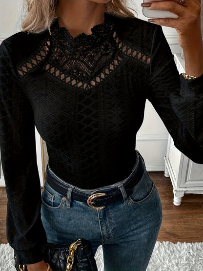 Stunning Eyelet Lace T-Shirt for Women - Elegant Long Sleeve Solid Design, Keyhole Detail, Contrast Lace Trim, Breathable Fabric, Comfortable Fit - Perfect for Casual Daily Wear or Work