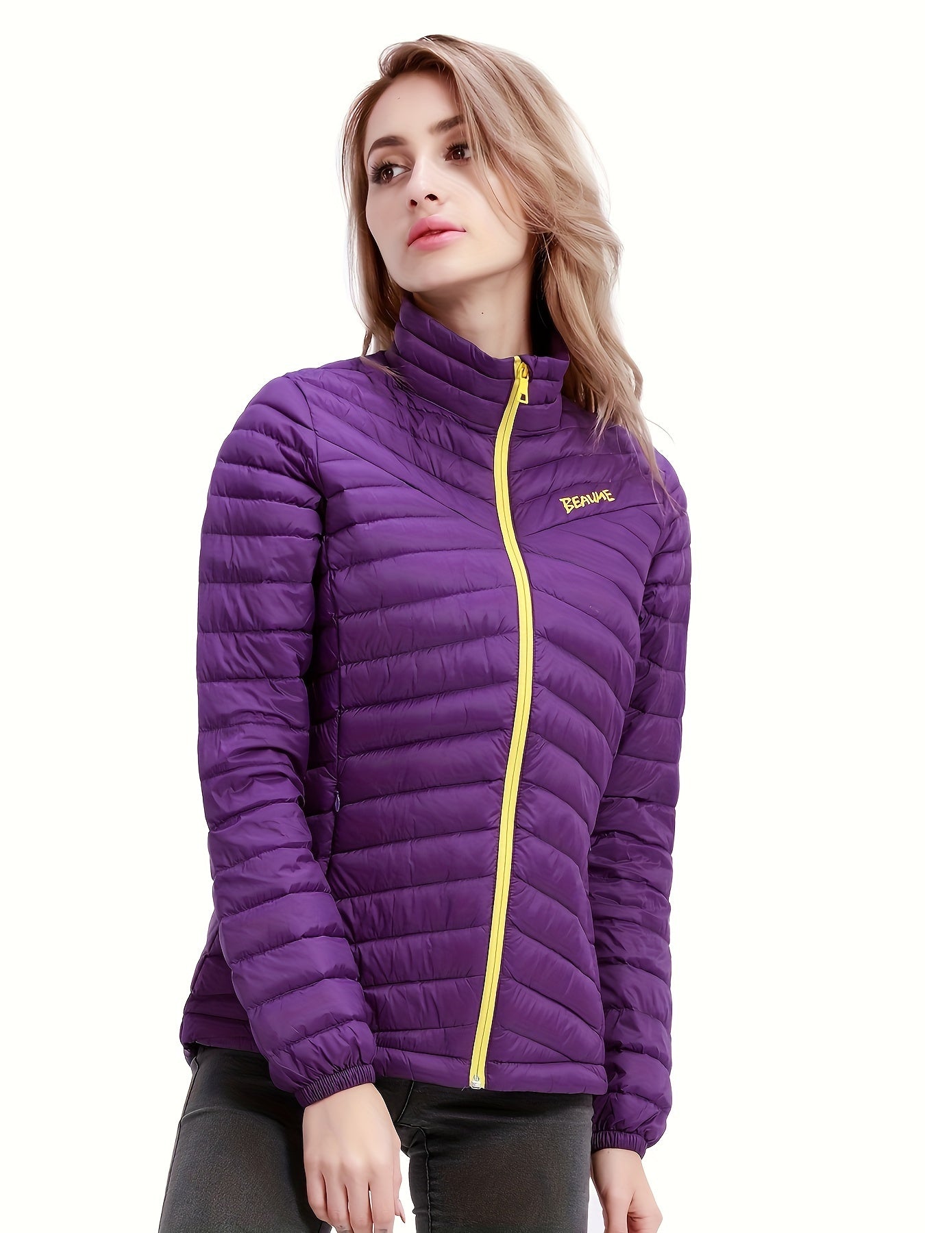 Womens Stylish Letter Embroidered Winter Jacket - Warm Thermal Insulation, Elastic Cuffs, Full Zip, Packable Down Coat for Ultimate Comfort and Convenience