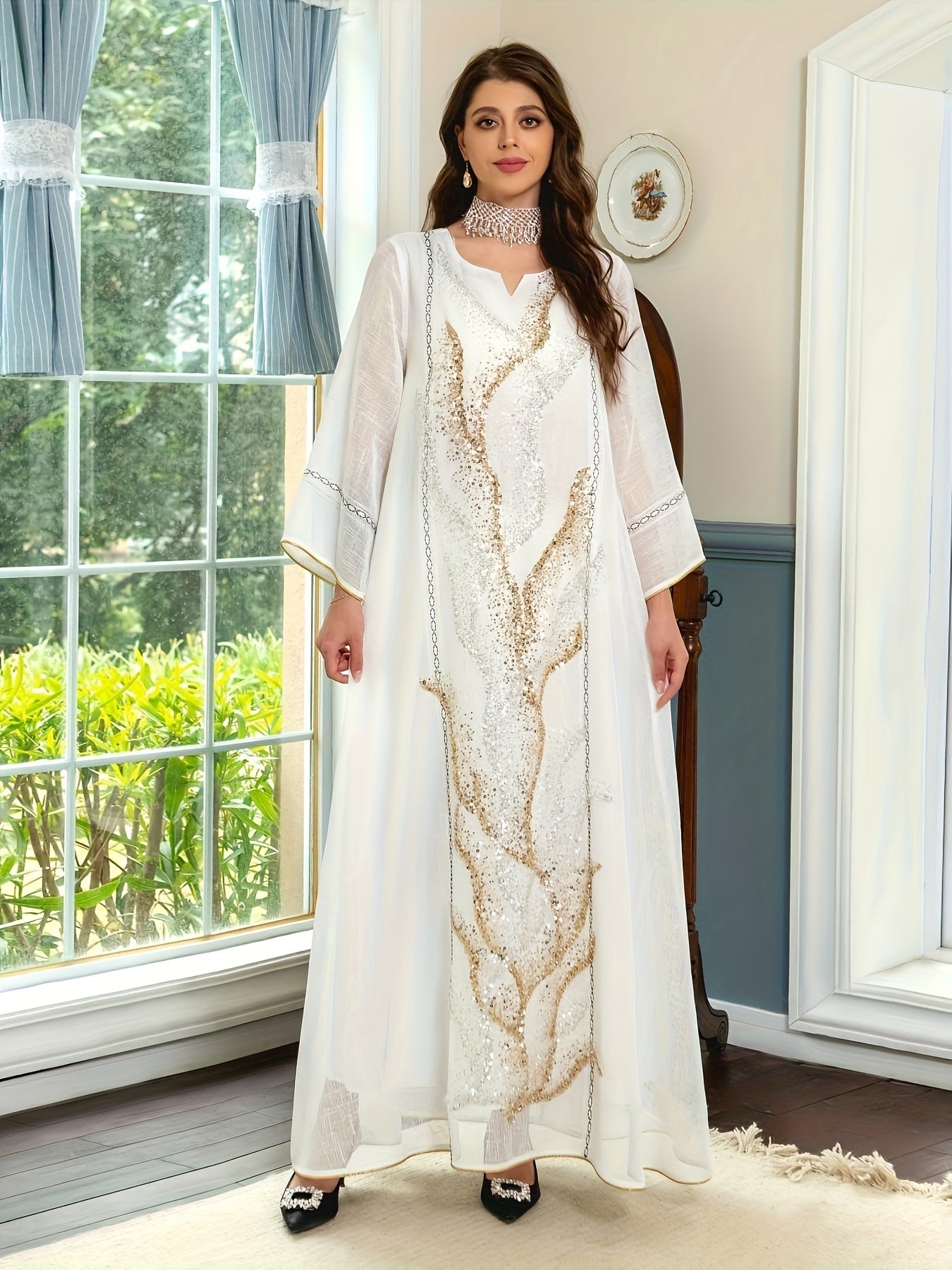 Sequined Mesh Kaftan Dress - Stunning Contrast Fabric, Elegant Long Sleeve Notched Neck Maxi Loose Fit, Perfect for Special Occasions, Womens Clothing