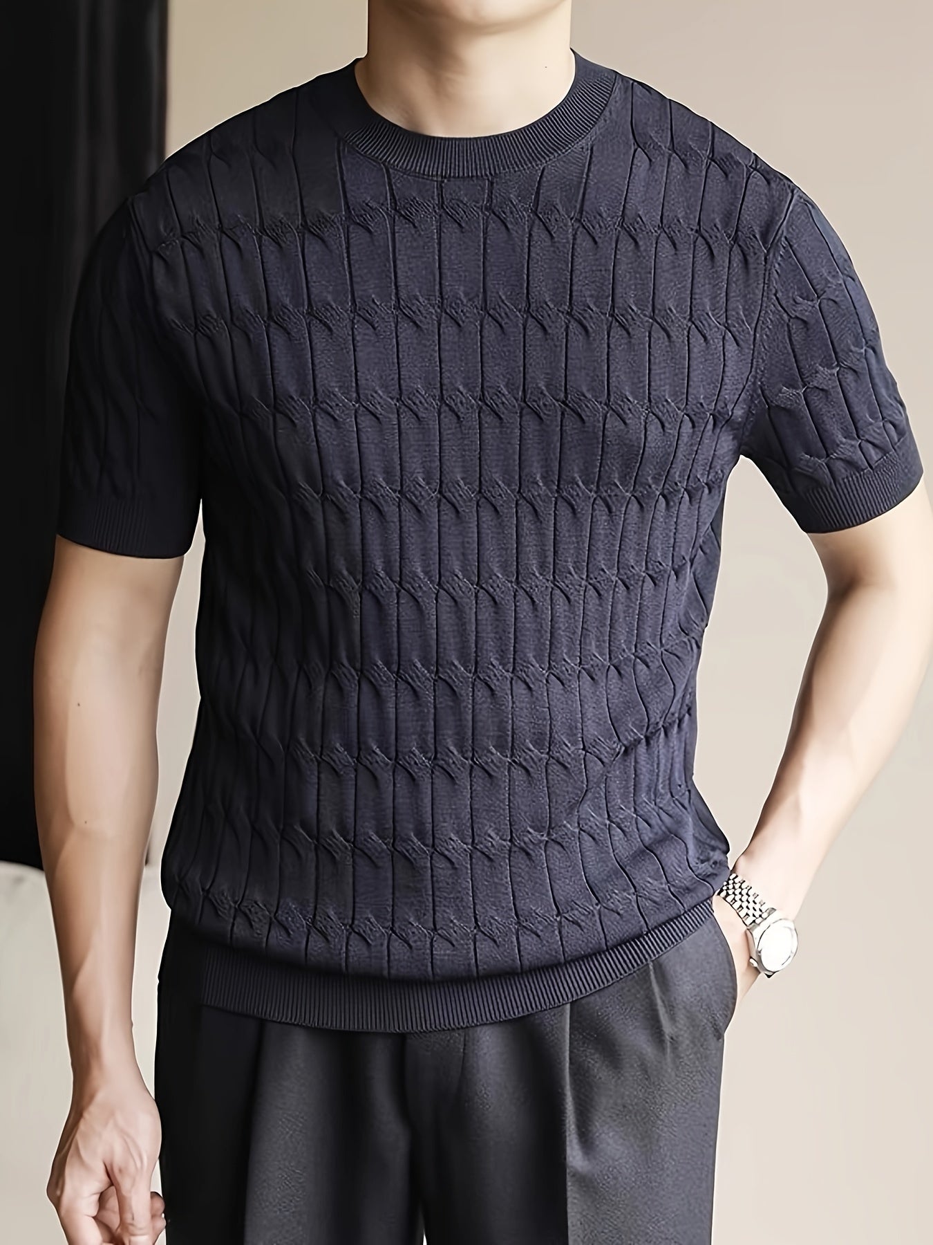 Men's Striped Knitted Pullover, Casual Short Sleeve Slim-fit Crew Neck Sweater For Outdoor