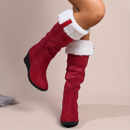 Stylish Winter Comfort: Women's Thermal Knee-High Suedette Boots with Faux Fur, Comfy Platform Heel & Easy Slip-On