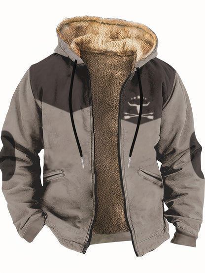 Men's Hooded Jacket With Warm Lining, Winter Casual Zip-Up Windbreaker Coat, Fashion Outdoor Warmth Retention Jacket