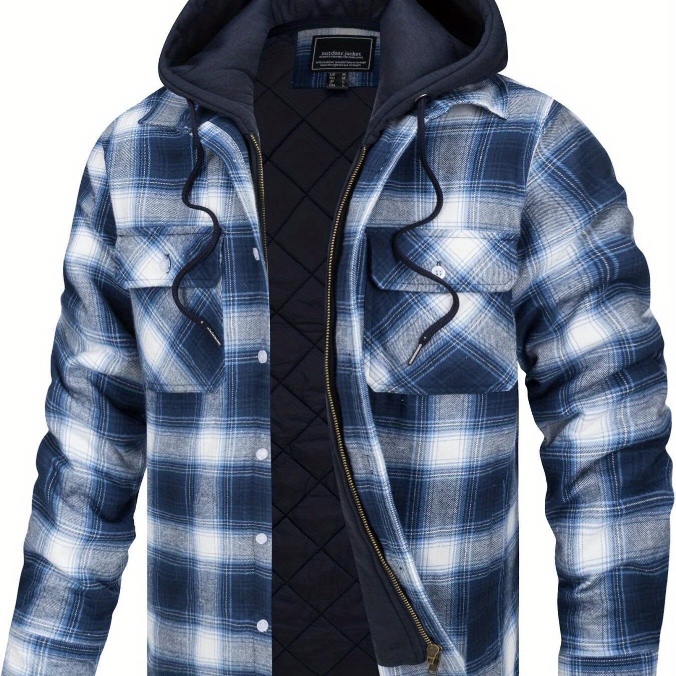 Wohthops Men's Plaid Cotton Hooded Jacket Full Zip Warm Lined Casual Coat with Button Pockets Autumn and Winter Daily Wear Long Sleeve Breathable Windproof Fashionable Jackets for Dating Party Casual Work Camping Fishing Shopping and Other Activities