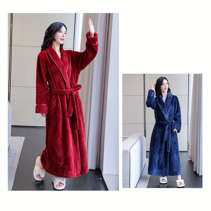 1pc Plush Women's Flannel Bathrobe - Soft, Thick, and Long Sleeve Loungewear for Autumn and Winter - Cozy Bathroom Supplies for Home Relaxation