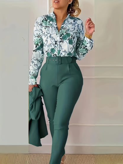 Stunning Two-Piece Floral Outfit - V Neck Long Sleeve Blouse with Ruffled Hem and Solid Belted Tapered Pants for Women - Elegant, Comfortable, and Versatile Clothing for Daily Wear