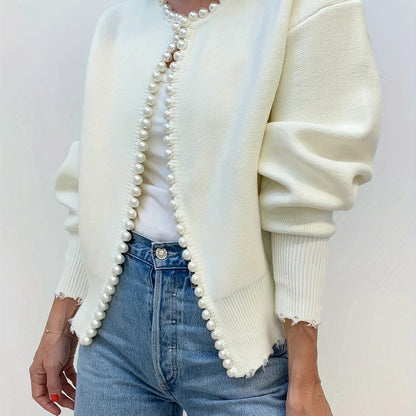 Elegant Rib Knit Beaded Open Front Cardigan - Long Sleeve, Solid Color, Soft, Cozy, and Chic - Perfect for Women's Daily Wear, Dating, and Party Occasions