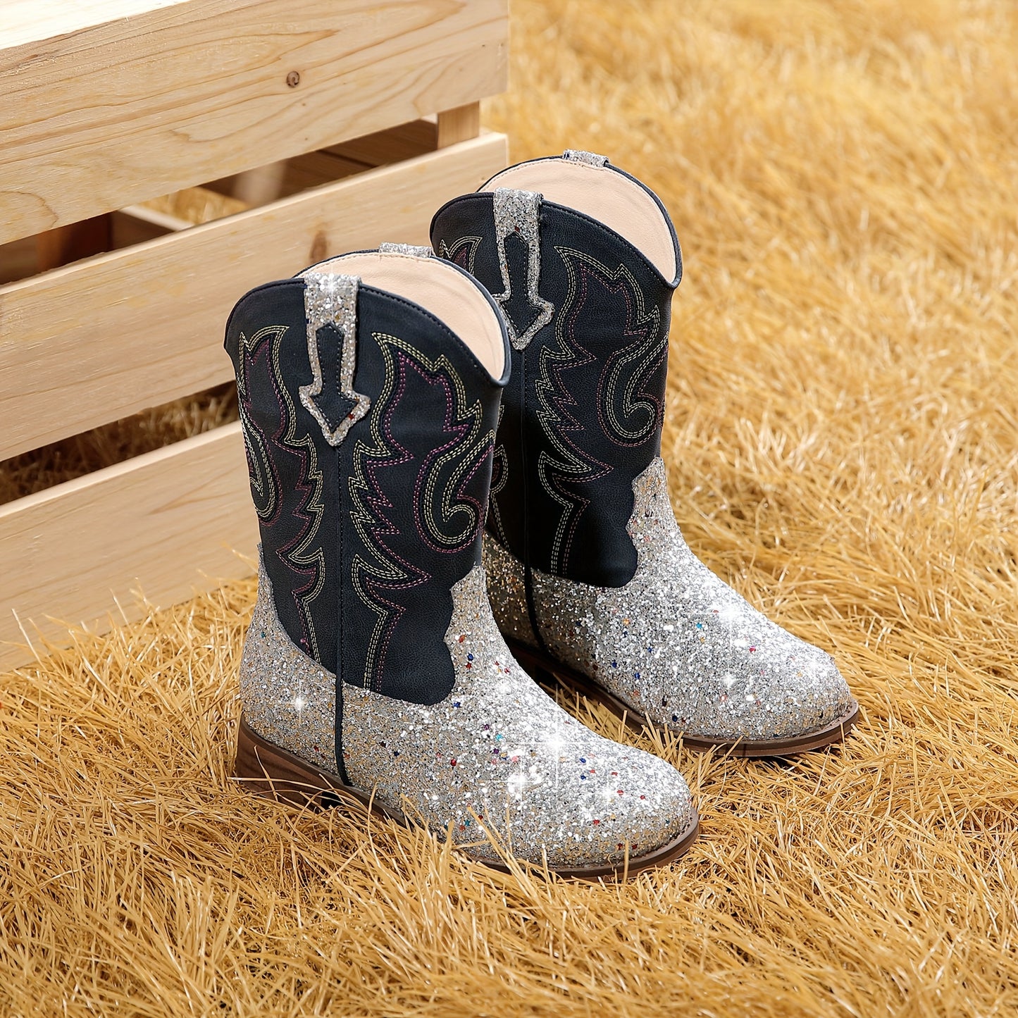 Girls Trendy Cool Cowgirl Boots, Cute Shiny Sequin Dress Boots For Party Holiday Performance