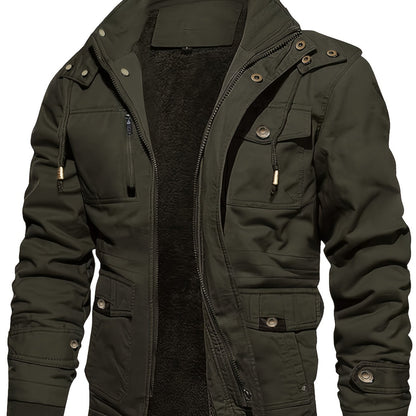 Mens Fashionable Fleece-Lined Cargo Jacket - Stylish & Warm with Multiple Pockets for Fall/Winter Outfits