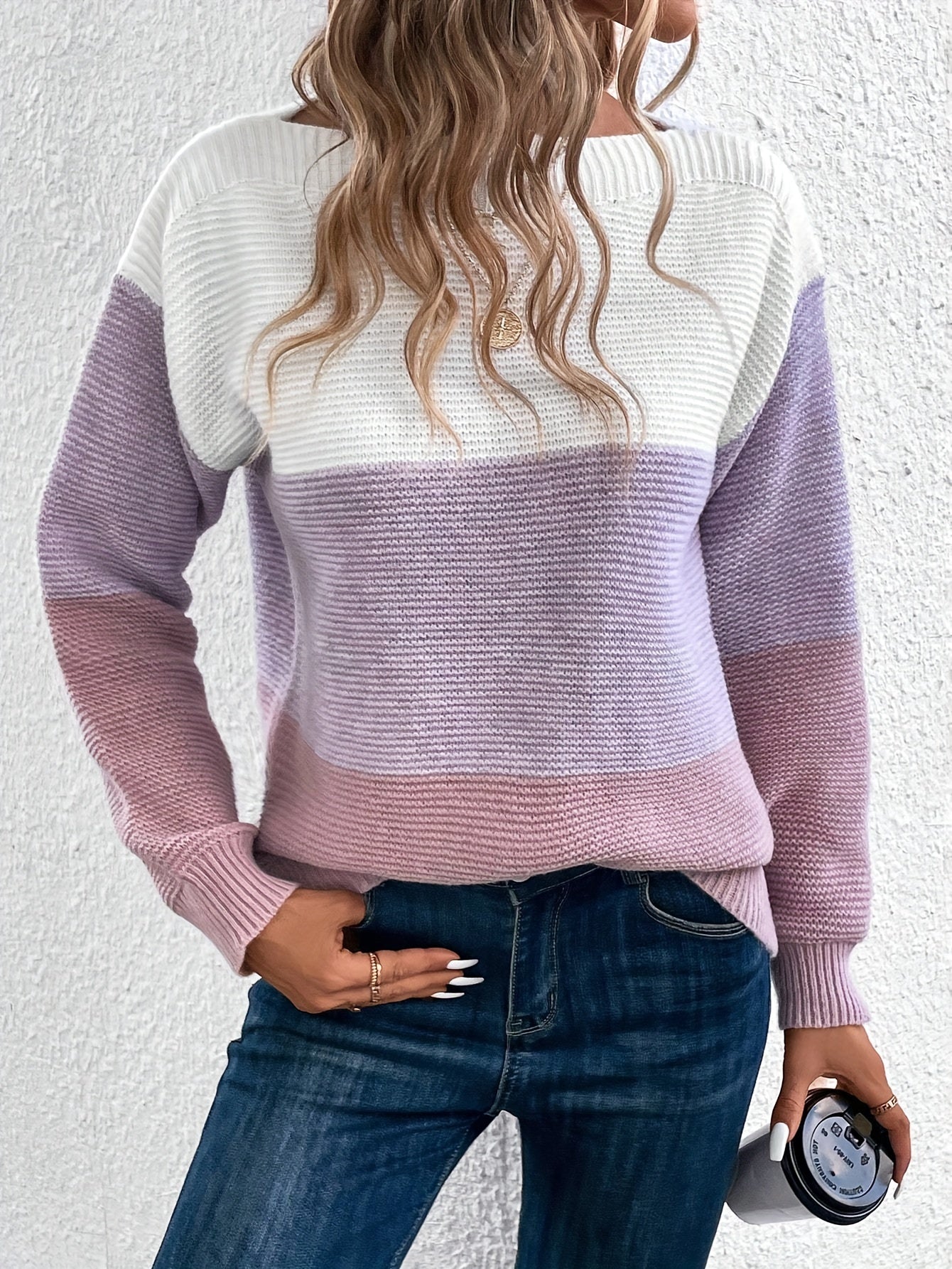 Stripe Color Block Elegant Long Sleeve Drop Shoulder Sweater - Soft Medium Stretch Recycle Polyester Fabric, Casual Off the Shoulder Style, Hand Wash or Dry Clean, Perfect for Fall & Winter - Womens Clothing