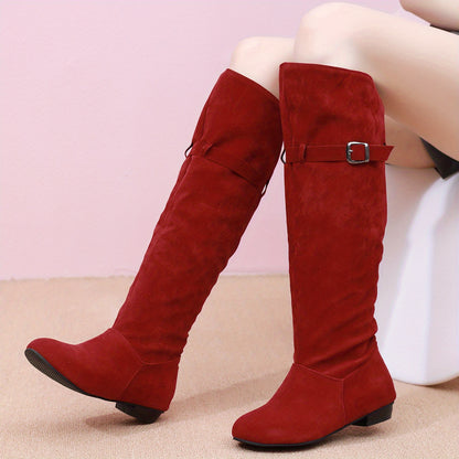 Stylish Comfort Stretch Knee High Boots - Knee-High, Solid Color, Buckle Strap, Low Heeled, Long, Pull-On, Soft, Breathable, and Comfortable Boots for Women