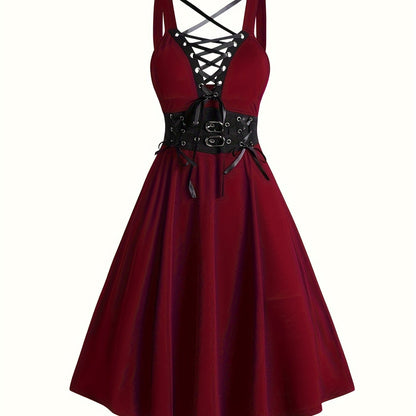 Mini Crisscross Strap Corset Dress - High Elasticity, Lace-Up, Spaghetti Strap, Sleeveless, Punk Style - Machine Washable, All-Season, Casual Wear for Women