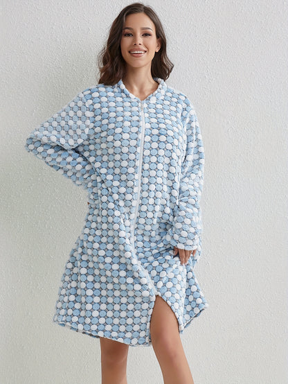 Cozy Long Sleeve Polka Dot Flannel Night Robe - Soft, Plush, and Warm Winter Sleepwear with Pocket for Women - Crew Neck, No Elasticity, Polyester Knit Fabric