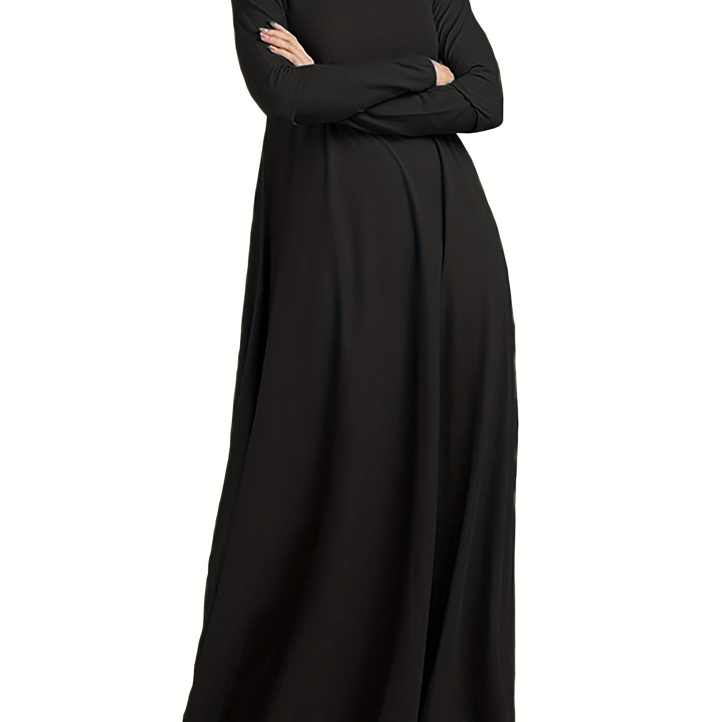 Ramadan Elegant Long Sleeve Solid Color Maxi Kaftan Dress - Comfortable Micro Elastic Polyester Fabric, Casual Turtle Neck Design, Two Pockets, Regular Fit, Middle East Style - Perfect for All Seasons, Womens Clothing