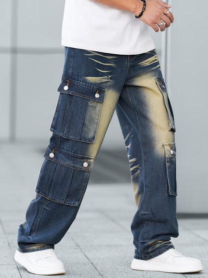 Stylish Loose Fit Wide Leg Jeans - Men's Comfy Denim Cargo Pants with Multiple Pockets for Street Style Fashion - Comfortable, Relaxed, and Fashionable Pants for Everyday Wear