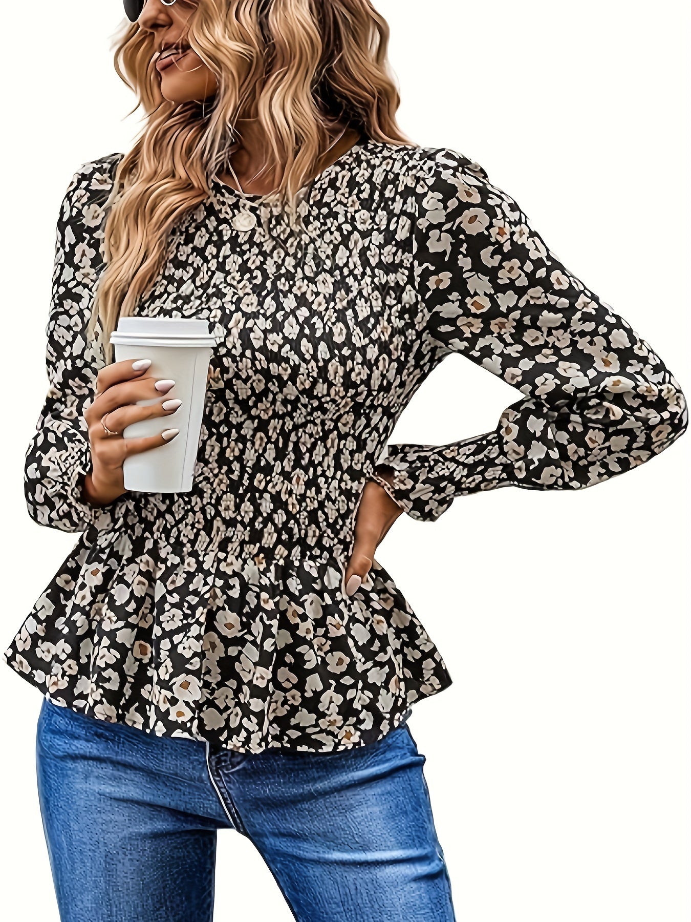 Charming Floral Print Blouse with Flowy Ruffles - Long Sleeve, Shirred for Elegance - Perfect for Spring & Fall - A Must-Have for Fashionable Womens Wardrobe