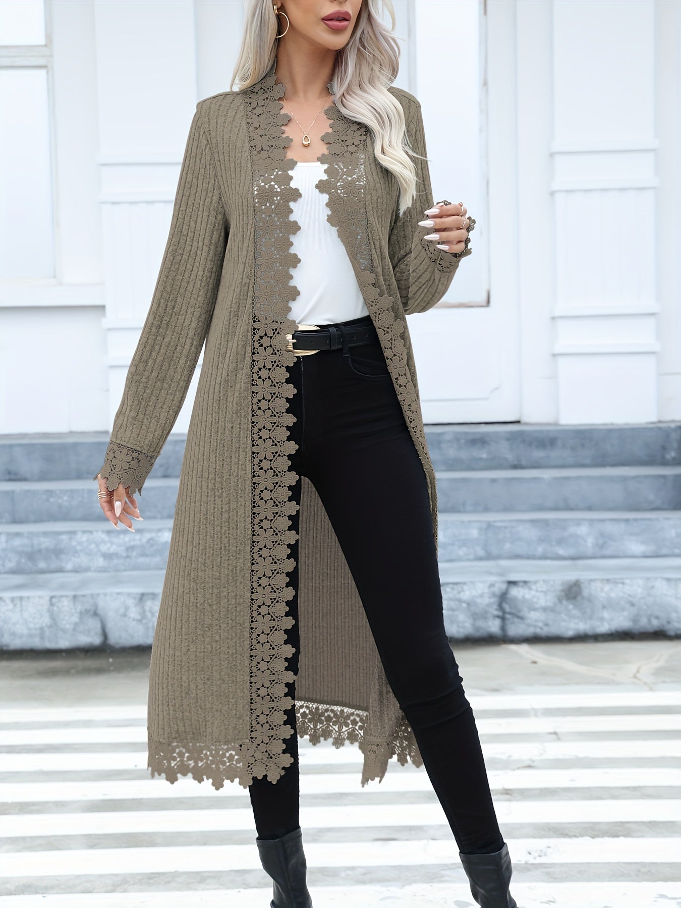 Ribbed Open Front Knitted Cardigan, Casual Lace Trim Long Sleeve Cardigan, Women's Clothing