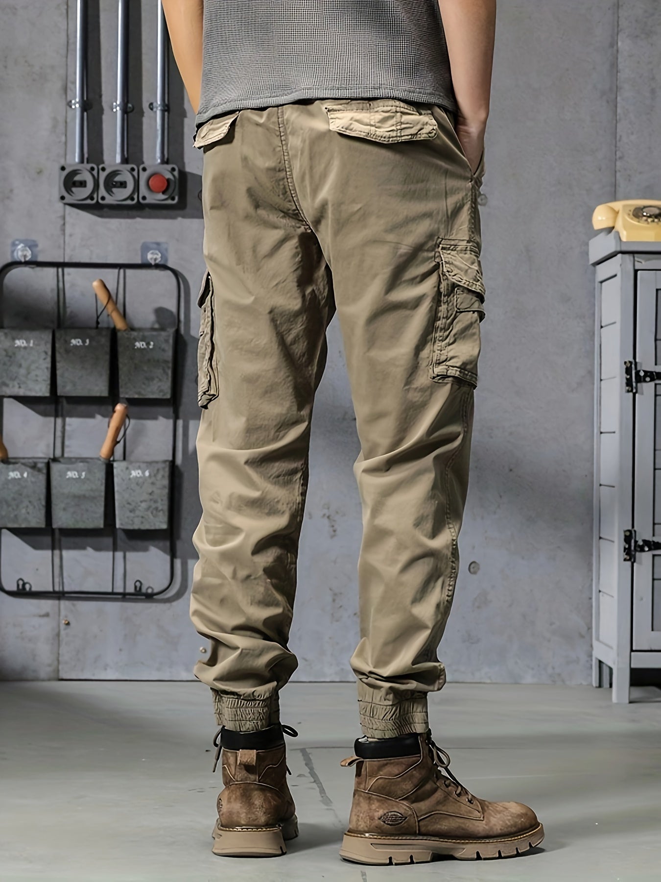 Mens Cropped Cotton Blend Cargo Pants - Elastic Waist, Multi Flap Pockets, Slight Stretch, Loose Fit, Weekend Casual, Solid Color, Hip Hop Style - Perfect for Outdoor Activities and Streetwear