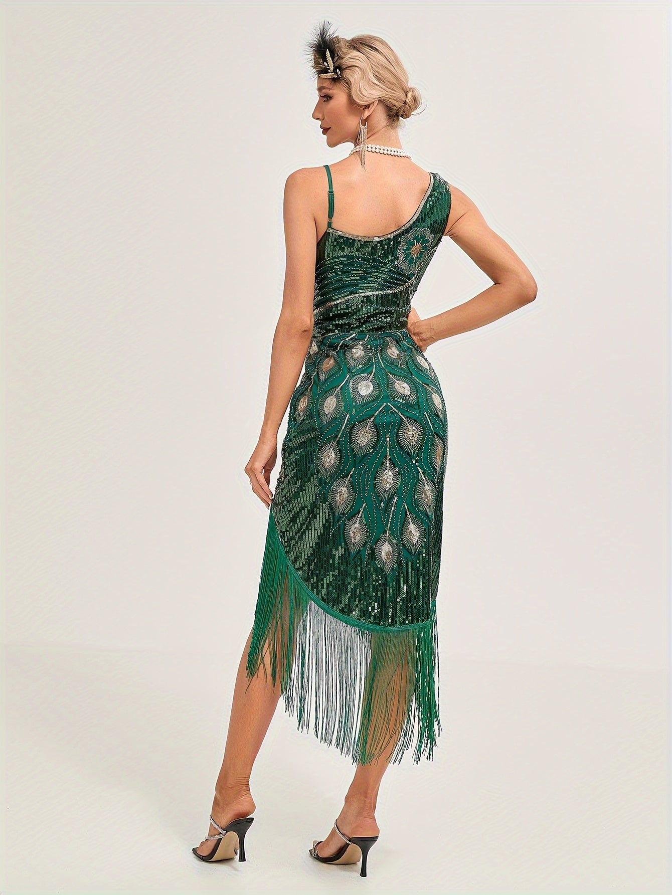 Vintage Embroidered Fitted Flapper Dress - Sequined Asymmetrical Neck, Micro Elastic Polyester Bodycon with Contrast Sequin Details for Party & Banquet - Hand Washable, Woven, and Perfect for Adult Women