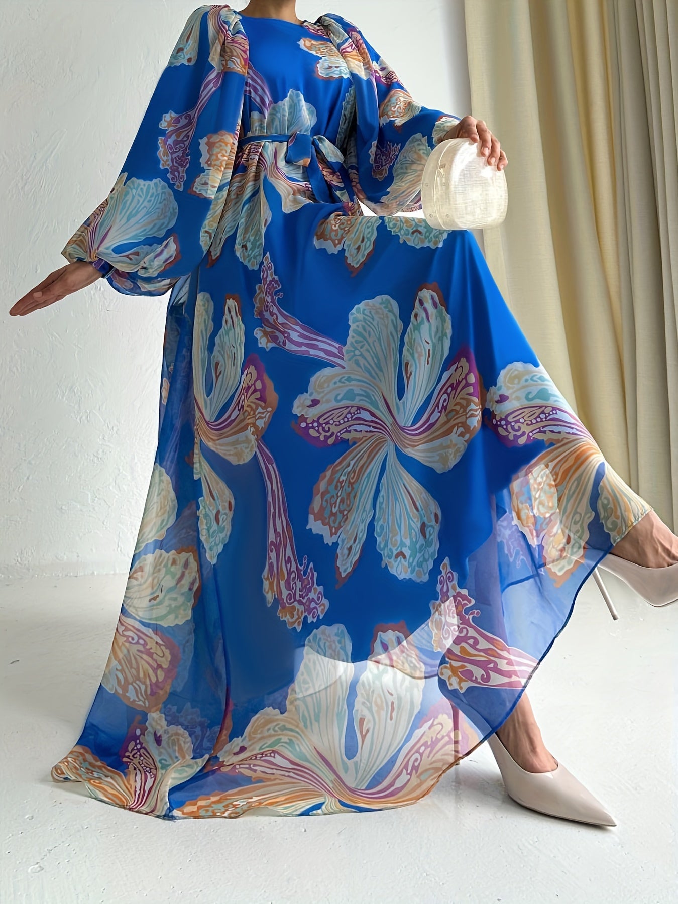 Floral Print Crew Neck Abayas Dress, Elegant Long Sleeve Maxi Length Dress, Women's Clothing