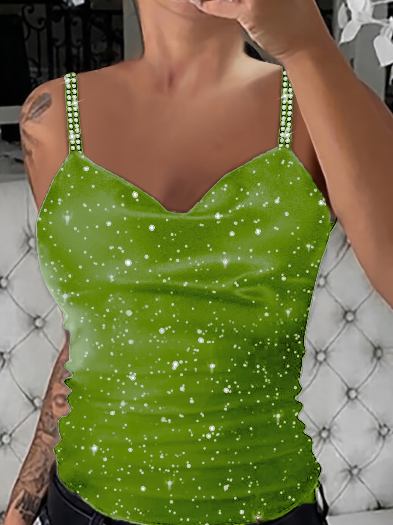 Shimmering Rhinestone V-Neck Cami Top - Chic Sleeveless Womens Fashion for Summer Days - Lightweight & Breathable Casual Wear