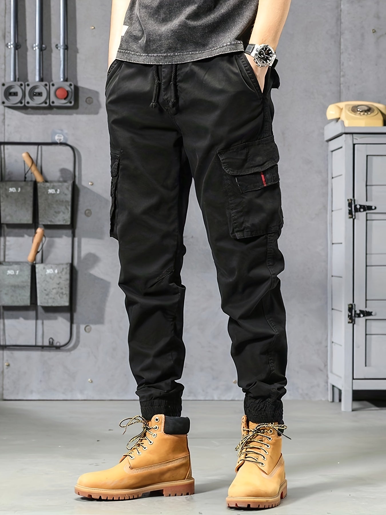 Mens Cropped Cotton Blend Cargo Pants - Elastic Waist, Multi Flap Pockets, Slight Stretch, Loose Fit, Weekend Casual, Solid Color, Hip Hop Style - Perfect for Outdoor Activities and Streetwear