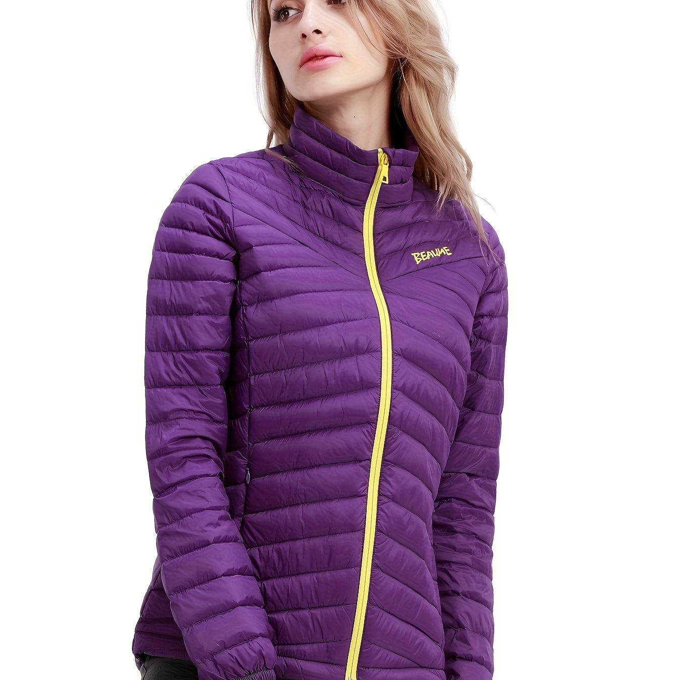 Womens Stylish Letter Embroidered Winter Jacket - Warm Thermal Insulation, Elastic Cuffs, Full Zip, Packable Down Coat for Ultimate Comfort and Convenience