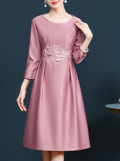 Stunning Pink Embroidered 3/4 Sleeve Mid-Length Dress for Mother of the Bride or Wedding Guest - Slimming, Elegant, and Sophisticated - Perfect for Formal Occasions and Special Events