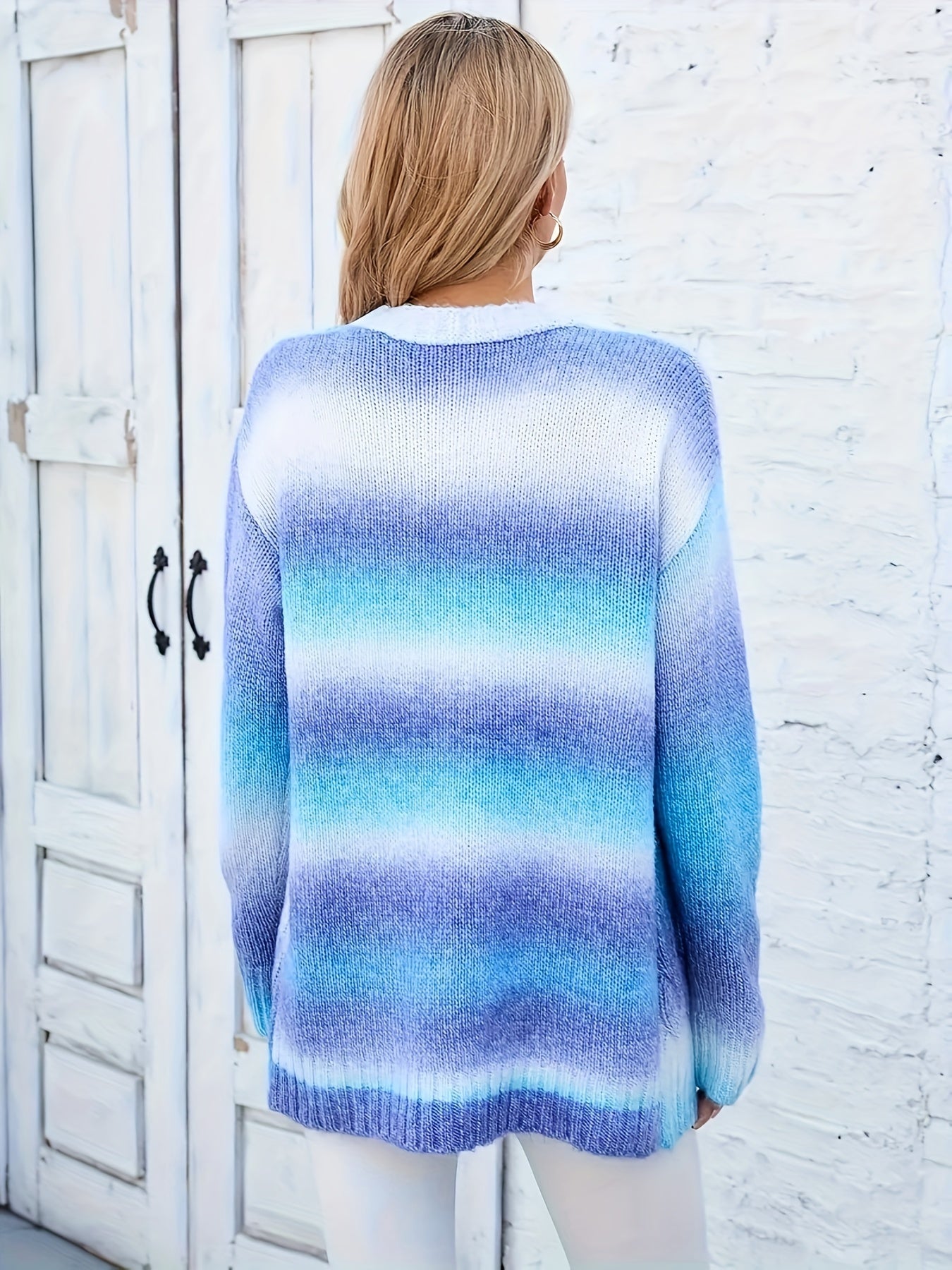 Plus Size Cozy Ombre Cable Knit Open Front Cardigan - Soft, Drop Shoulder, Long Sleeve, Vacation Style, Knitted, Relaxed Fit, Women's Comfortable Clothing for Curvy Figures