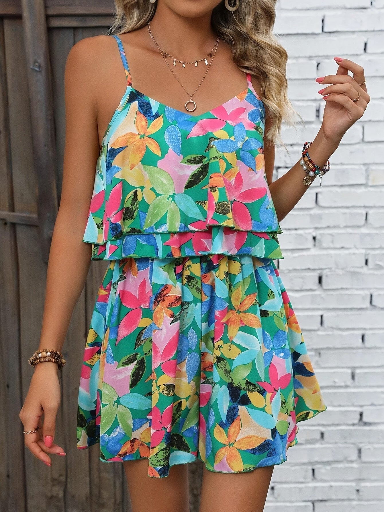 Flirty Floral Print Womens Shorts Outfit - Stylish V Neck Cami Top & Layered Shorts Set - Lightweight Summer Wear for Trendy Ladies - Comfortable & Flowy Design - Perfect for Casual Days Out