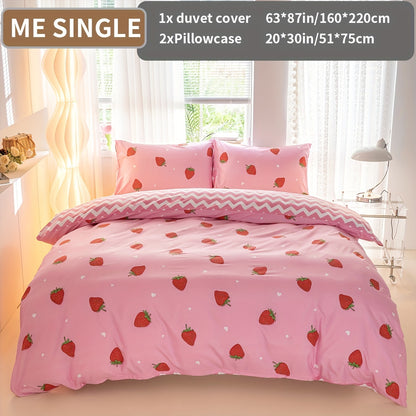 3pcs Strawberry Print Duvet Cover Set - Soft, Breathable Polyester Bedding With Zip Closure For All Seasons - Includes 1 Duvet Cover & 2 Pillowcases (No Insert)