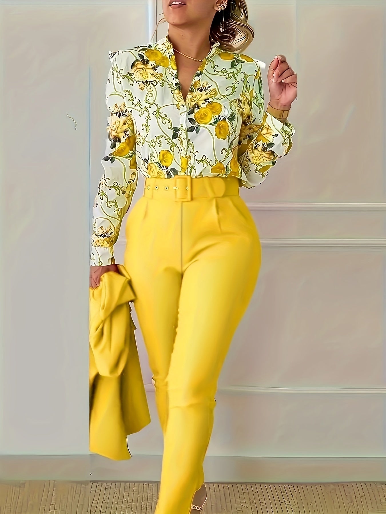 Stunning Two-Piece Floral Outfit - V Neck Long Sleeve Blouse with Ruffled Hem and Solid Belted Tapered Pants for Women - Elegant, Comfortable, and Versatile Clothing for Daily Wear