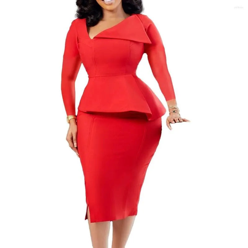 Casual Dresses Office For Women Regular Size Full Sleeve High Waisted V Neck Sheath Mid Calf Formal Business Work Wear Dress Midi