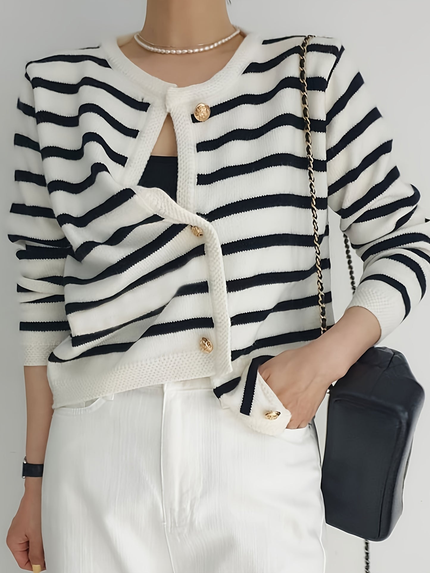 Chic Striped Cardigan Sweater - Soft, Long Sleeve, Crew Neck, Button Front, Elegant Fall Fashion - Women's Cozy Clothing for Everyday Wear