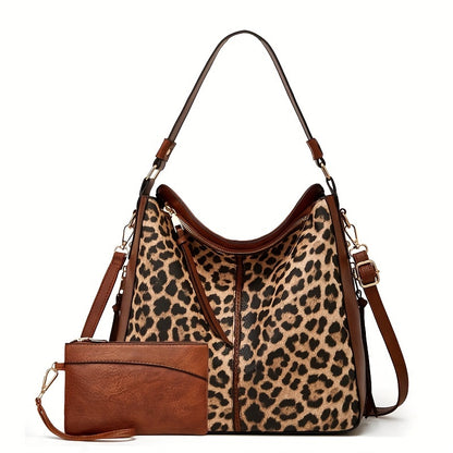 3-Piece Large Capacity Vintage Leopard Tote Bag - Adjustable Shoulder Strap, Zip Closure, Durable PU Leather Material, Lacquered Edges, Portable Handle, Stylish Animal Print Design for Everyday Use and Travel