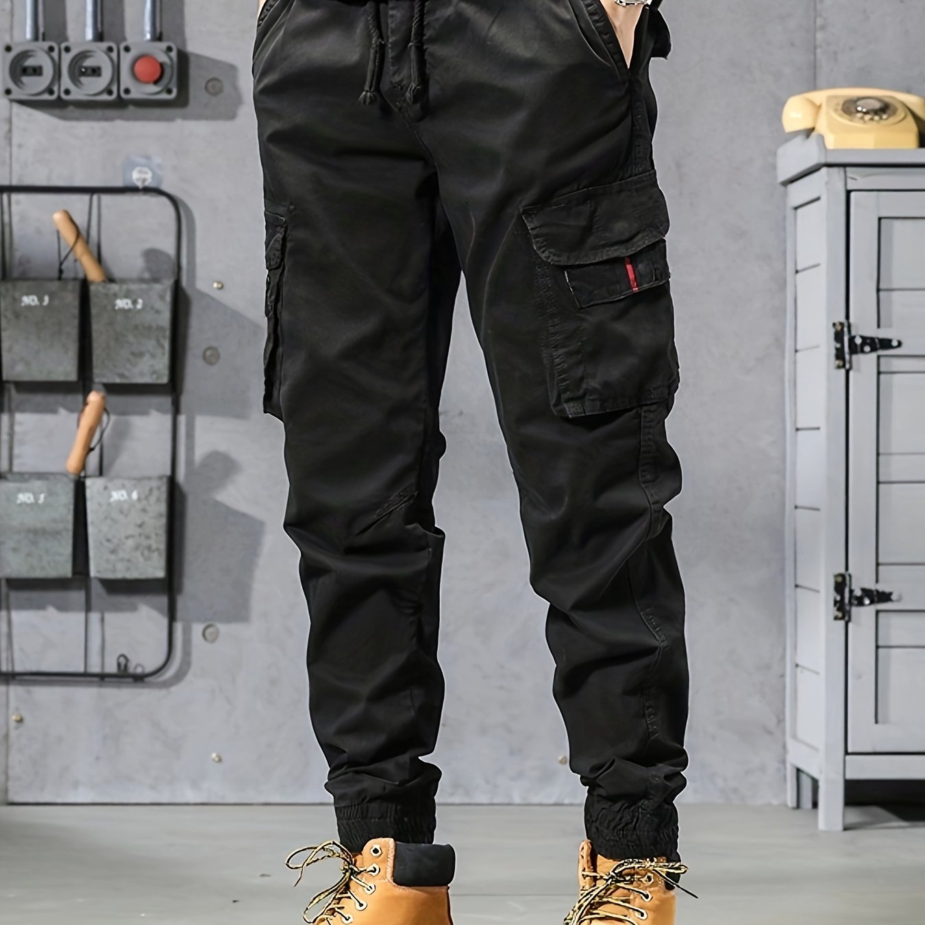 Mens Cropped Cotton Blend Cargo Pants - Elastic Waist, Multi Flap Pockets, Slight Stretch, Loose Fit, Weekend Casual, Solid Color, Hip Hop Style - Perfect for Outdoor Activities and Streetwear