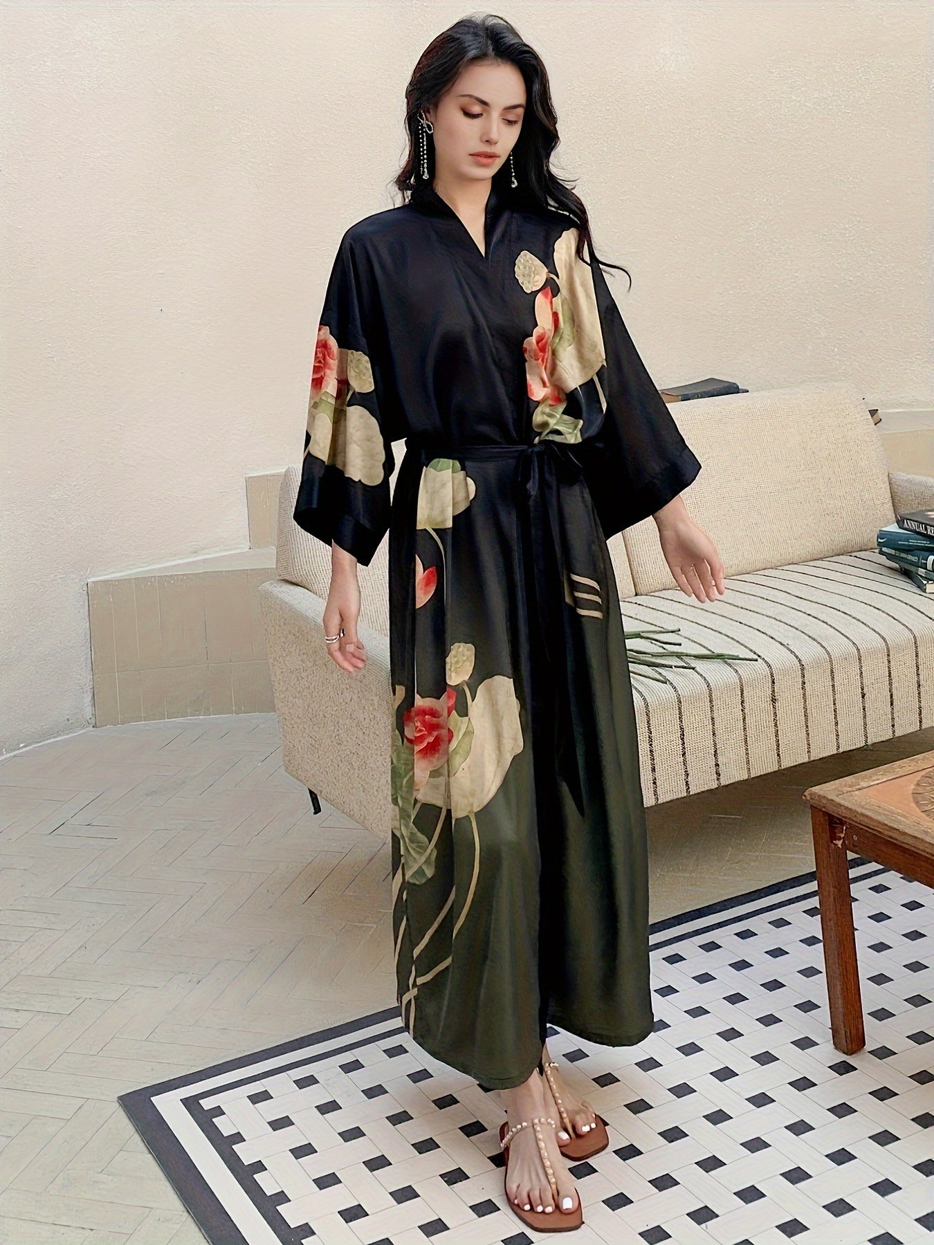 Long Satin Kimono Robe for Women - Soft V-Neck Three Quarter Sleeve Floral Bathrobe with Belt - Polyester and Elastane Blend, Random Printing, Woven, Mature Style, Suitable for All Seasons