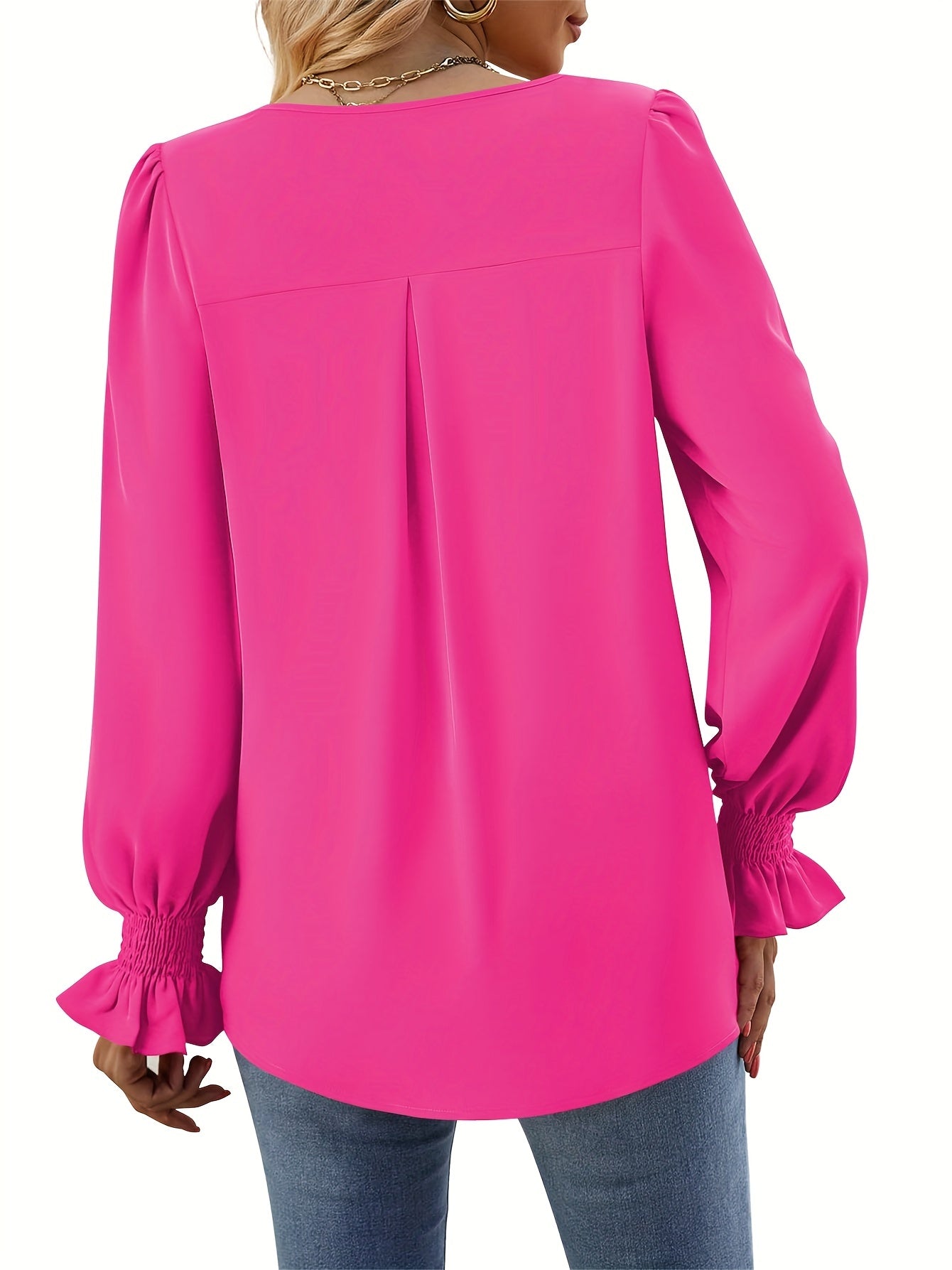 Elegant Women's Solid V-Neck Blouse - Ruched Long Sleeve, Durable Woven, Easy-Care for Spring/Fall