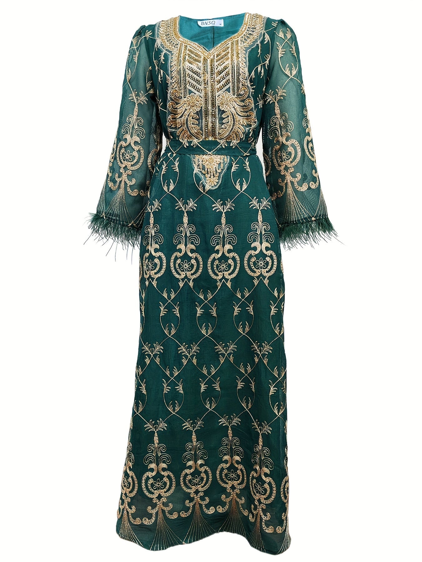 Floral Embroidered V-neck Long Sleeve Abayas Dress, Elegant Maxi Length Dress, Women's Clothing